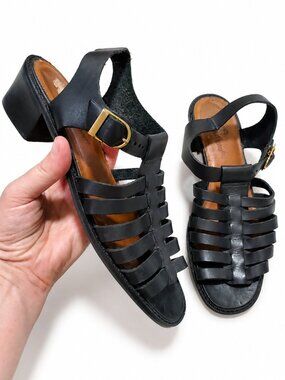 Etienne Aigner Black Strappy Leather Block Heel Sandals